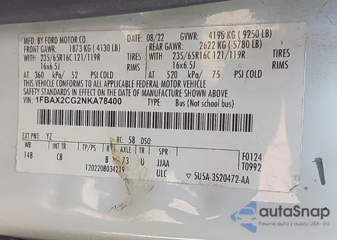 2022 Ford Transit-350 Passenger Van Xlt из США, поврежденный, VIN 1FBAX2CG2NKA78400